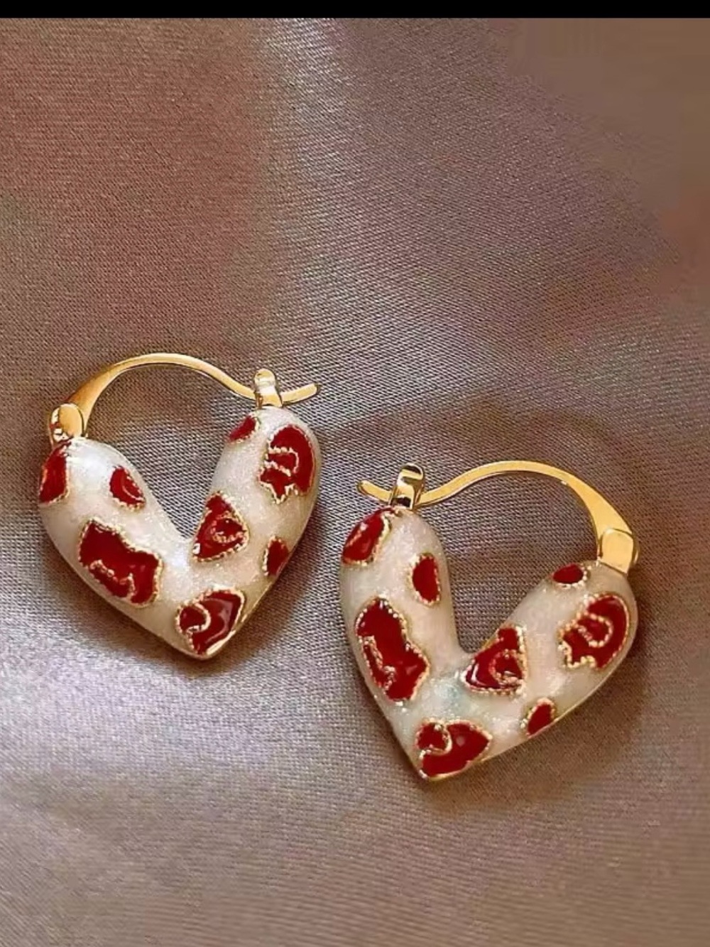 Gold Heart Hoop Earrings with Red and Pearl Enamel Accent